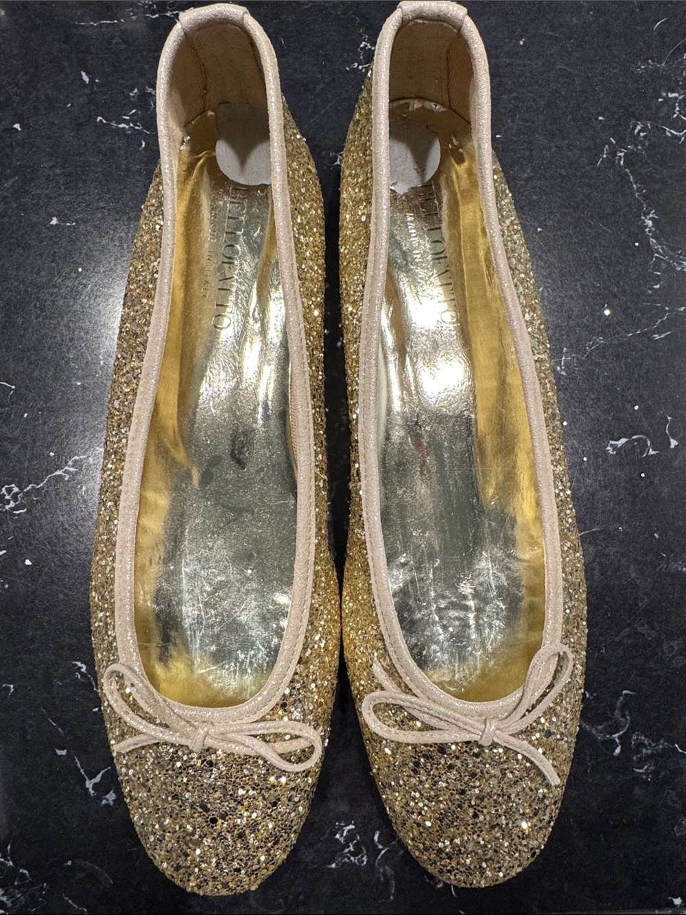 Gold Glitter Ballet Flats with Nude Trim and Bow